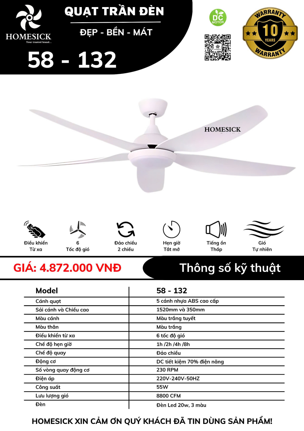Quạt trần đèn HOMESICK DC 156-132 TRẮNG 