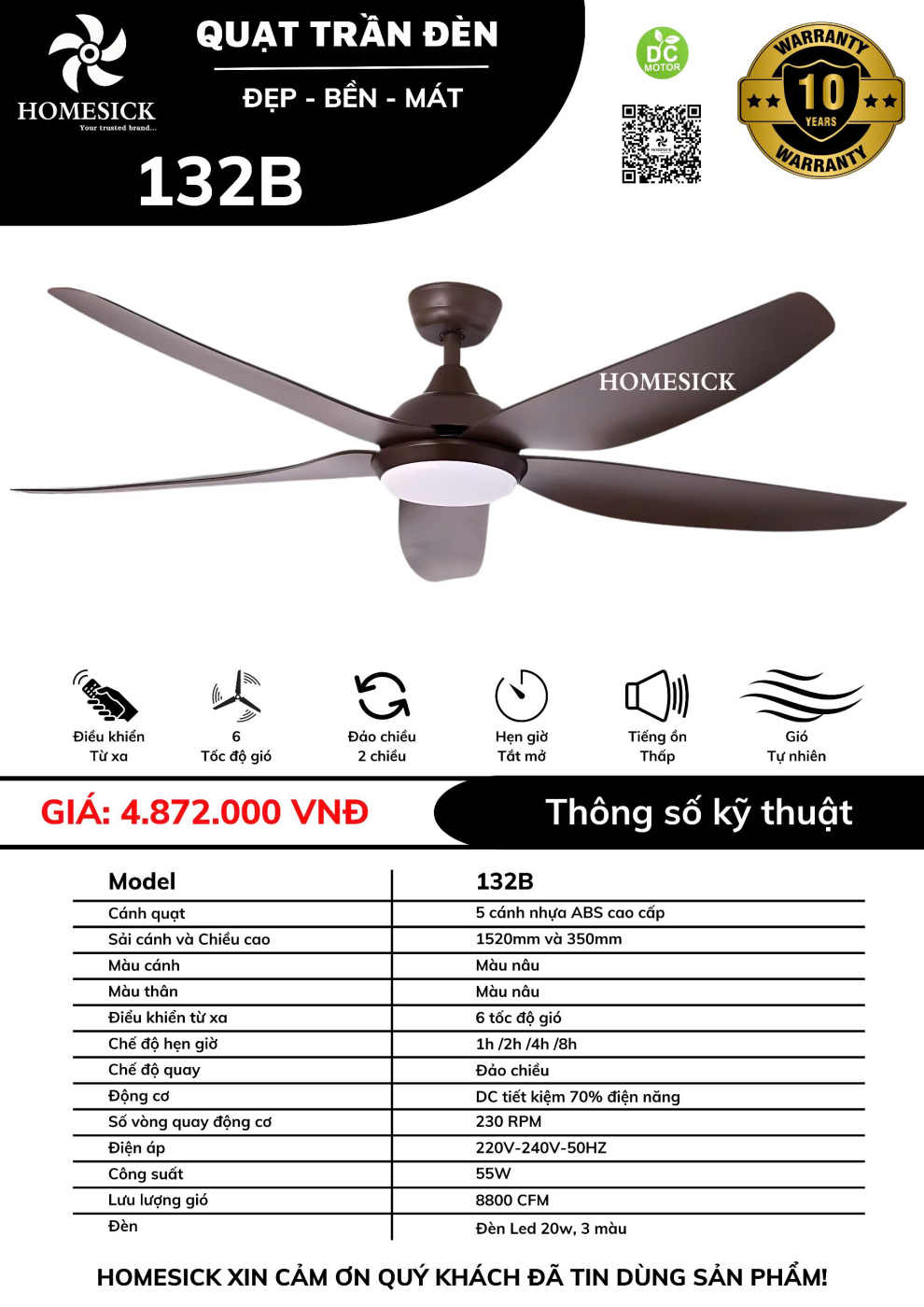 Quạt trần đèn HOMESICK DC 132B NÂU