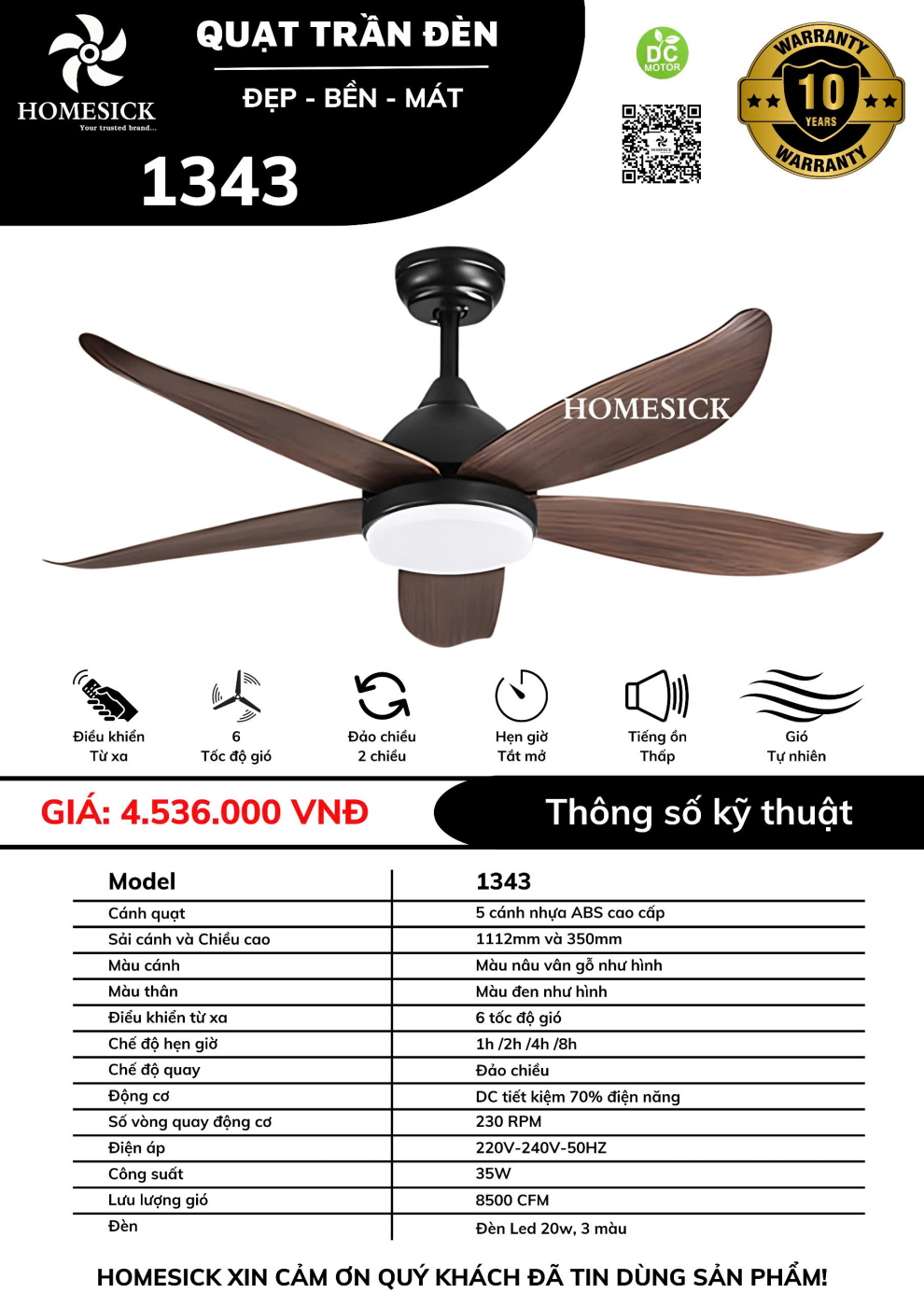 Quạt trần đèn HOMESICK DC 1343