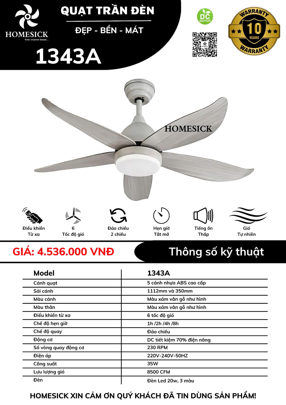 Quạt trần đèn HOMESICK 1343A