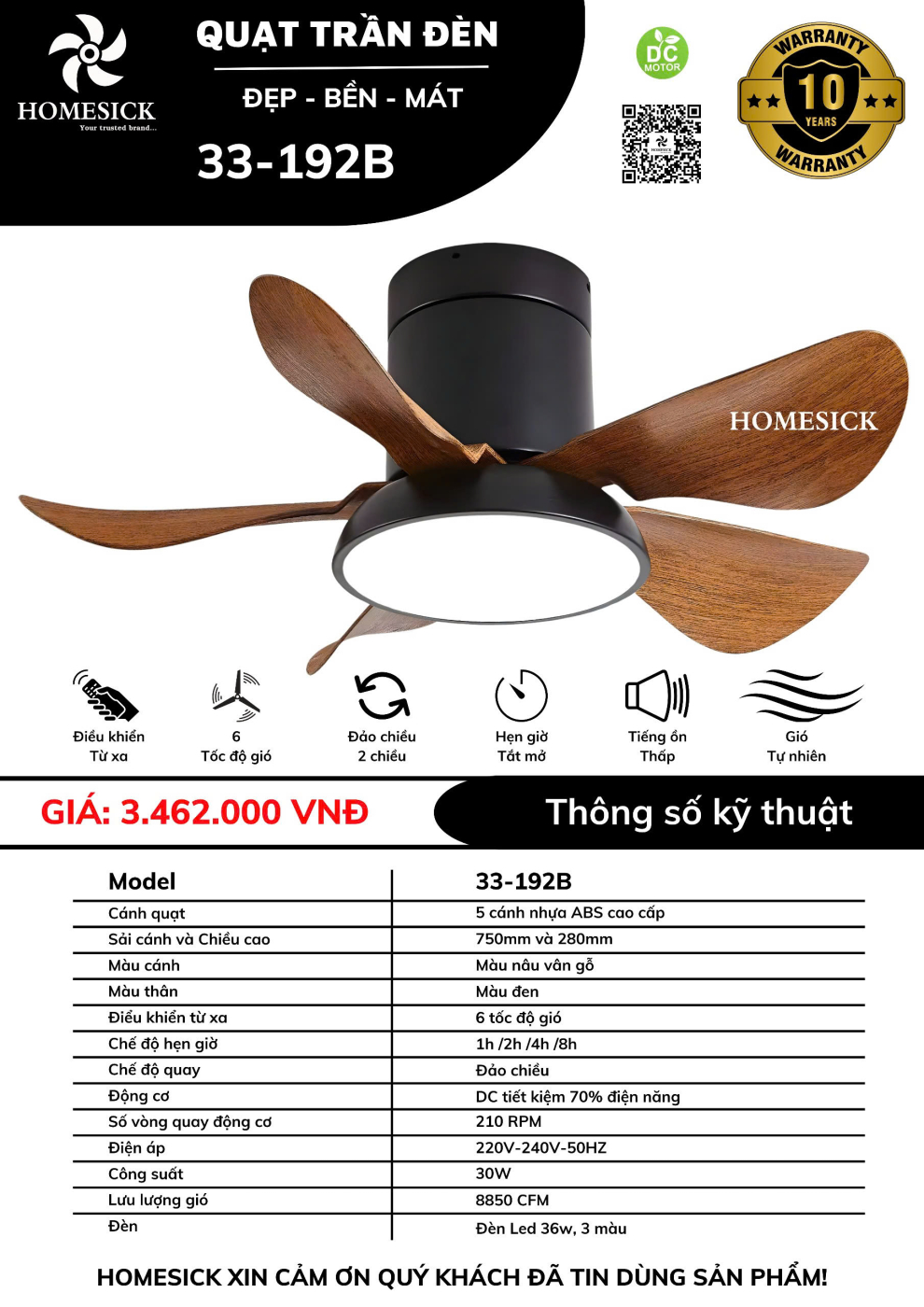Quạt trần đèn HOMESICK 33-192