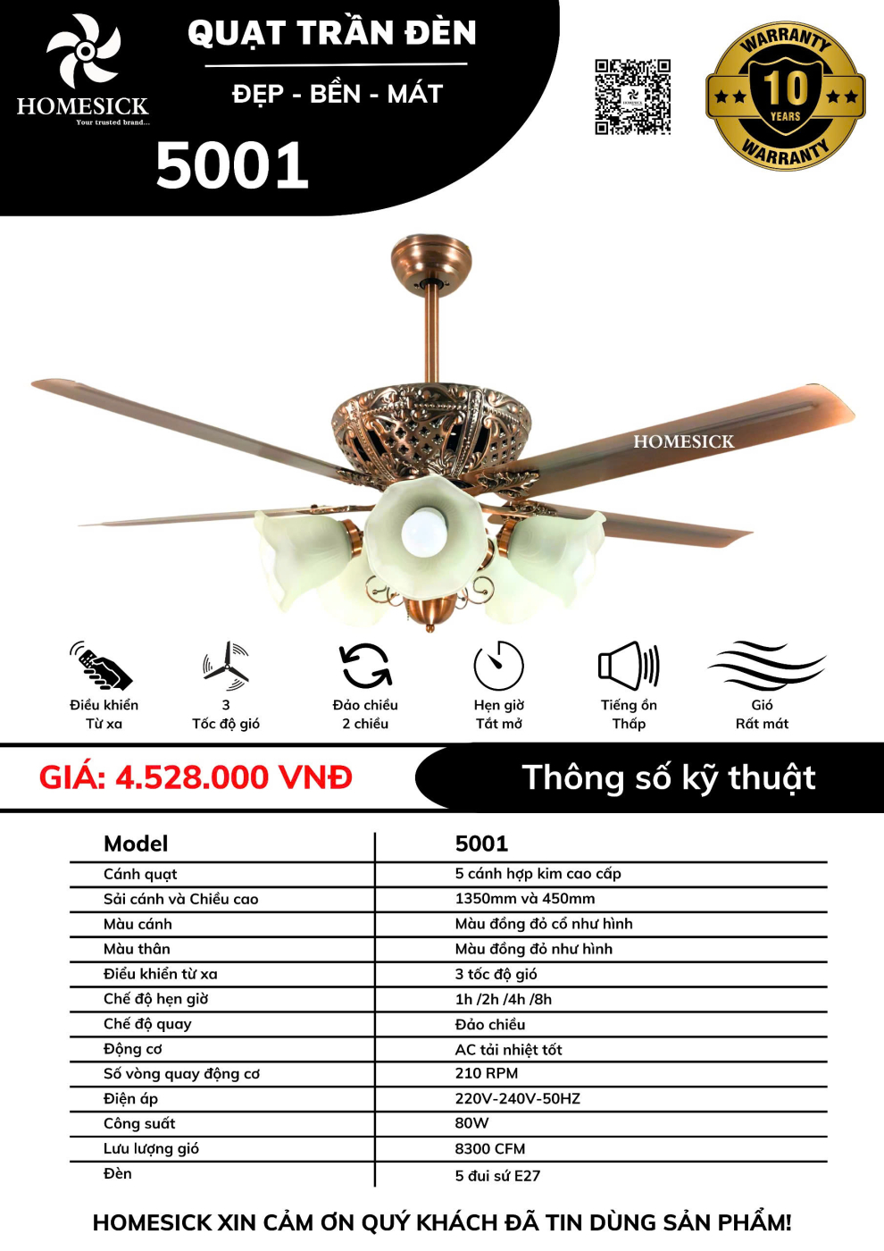 Quạt trần đèn HOMESICK 5001 – CÁNH SẮT