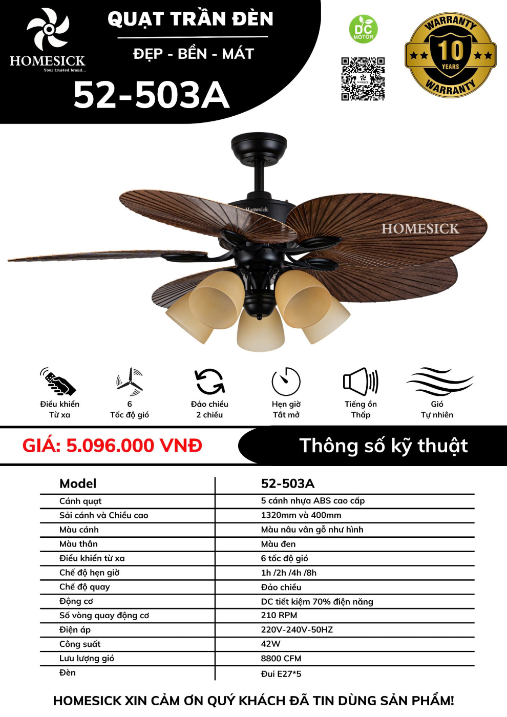 Quạt trần đèn HOMESICK DC 52-503 CÓ ĐÈN