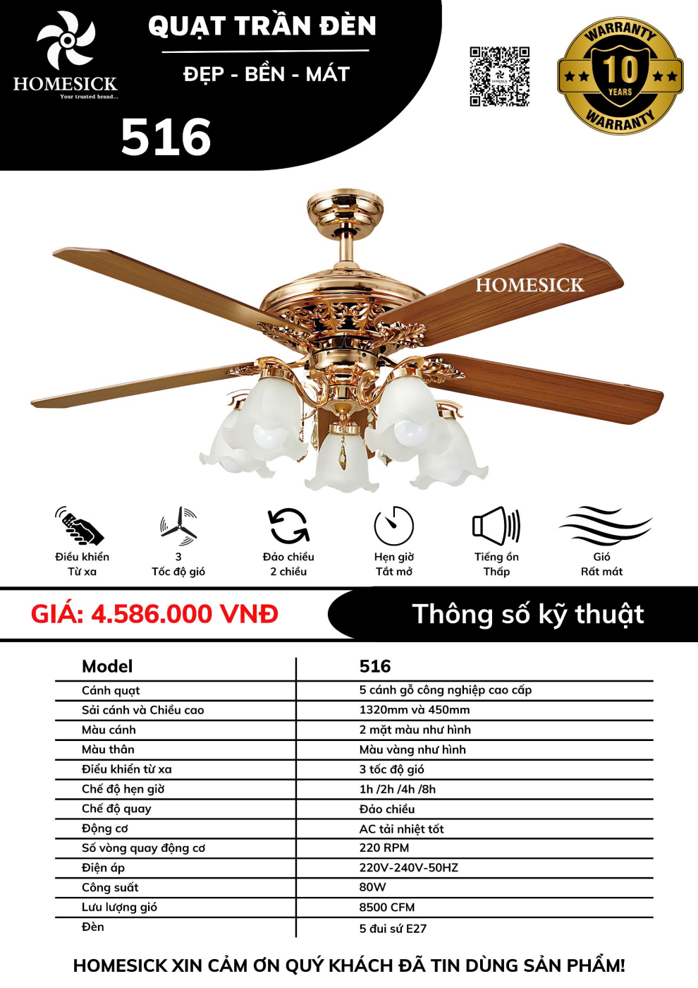 Quạt trần đèn HOMESICK 516 – VÀNG