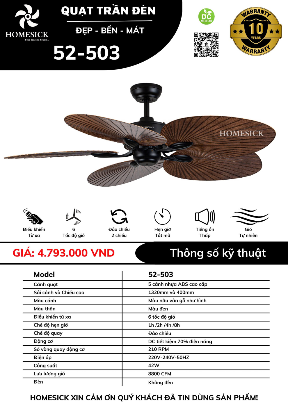 Quạt trần đèn HOMESICK 52-503