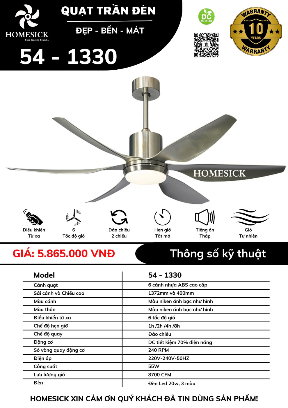 Quạt trần đèn HOMESICK DC 54- 1330