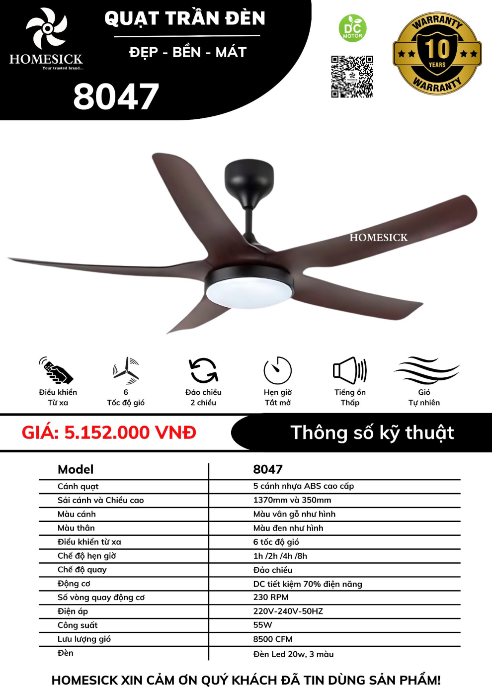 Quạt trần đèn HOMESICK DC 8047