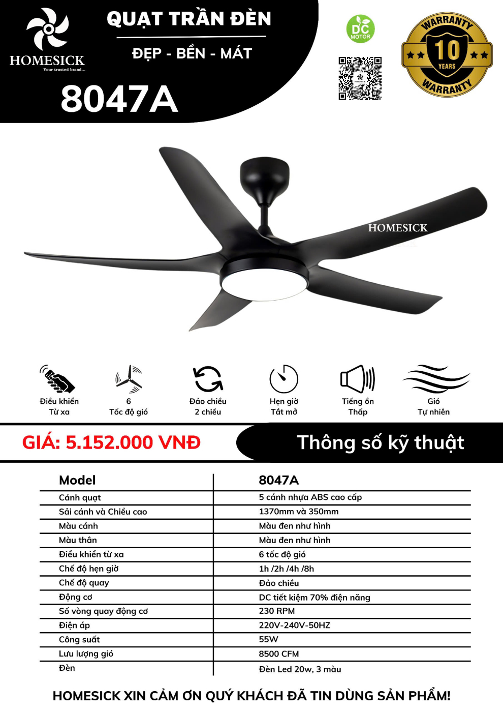 Quạt trần đèn HOMESICK DC 8047