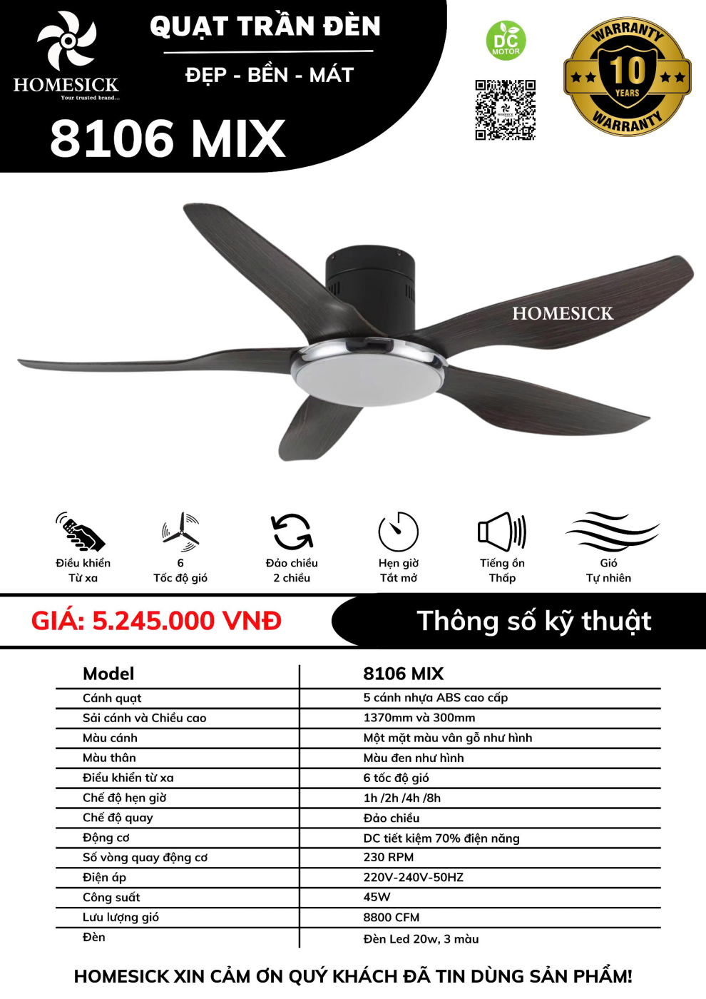 Quạt trần đèn HOMESICK 8106 ĐEN