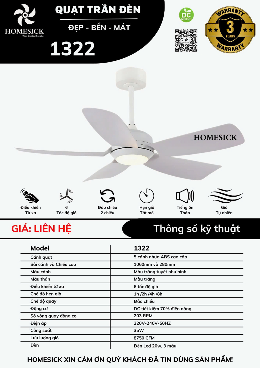 Quạt trần đèn HOMESICK 1322