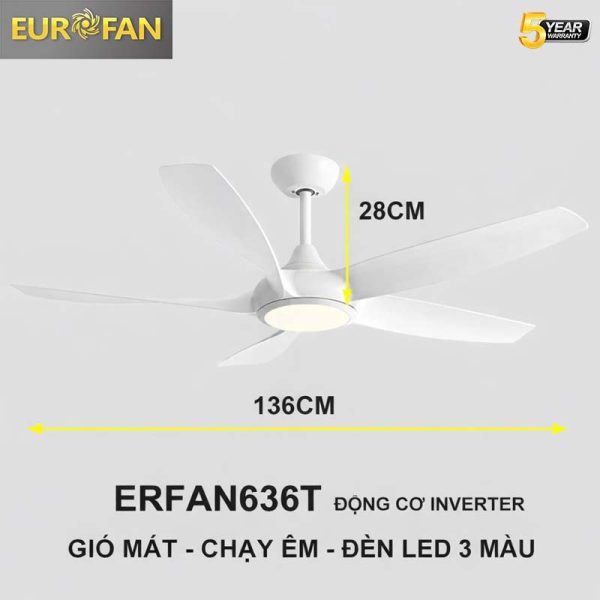 Quạt trần 5 cánh trắng Eurofan 636T