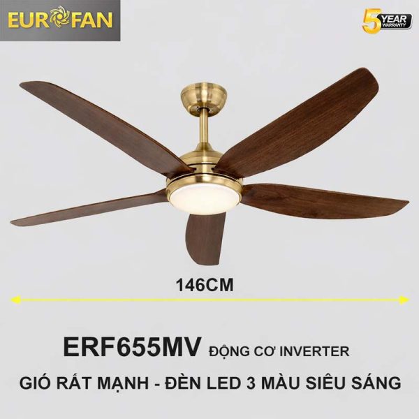 Quạt trần 5 cánh nẫu gỗ, thân màu đồng Eurofan 655MV