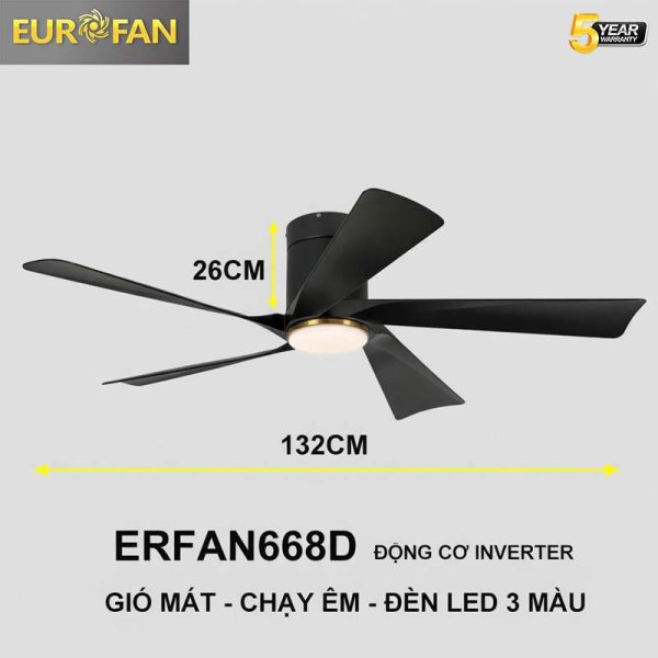 Quạt trần 5 cánh đen, cổ ngắn Eurofan 668MV