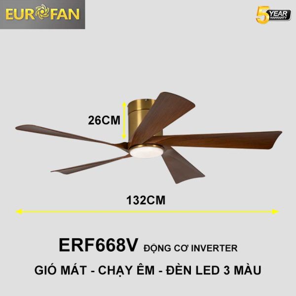 Quạt trần 5 cánh nâu gỗ, cổ ngắn Eurofan 668MV