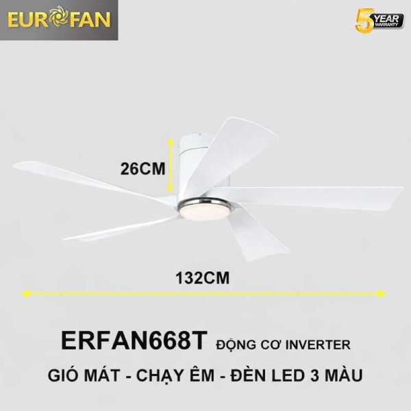 Quạt trần 5 cánh trắng, cổ ngắn Eurofan 668MV